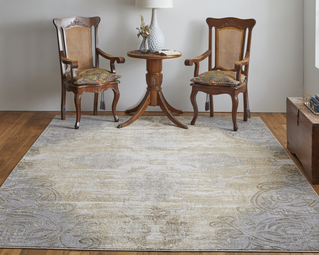 Silver Tan And Gray Floral Power Loom Area Rug - 4' x 6'