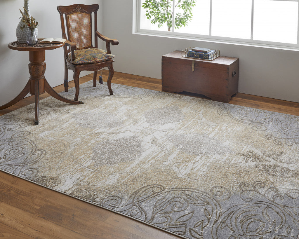 Silver Tan And Gray Floral Power Loom Area Rug - 4' x 6'