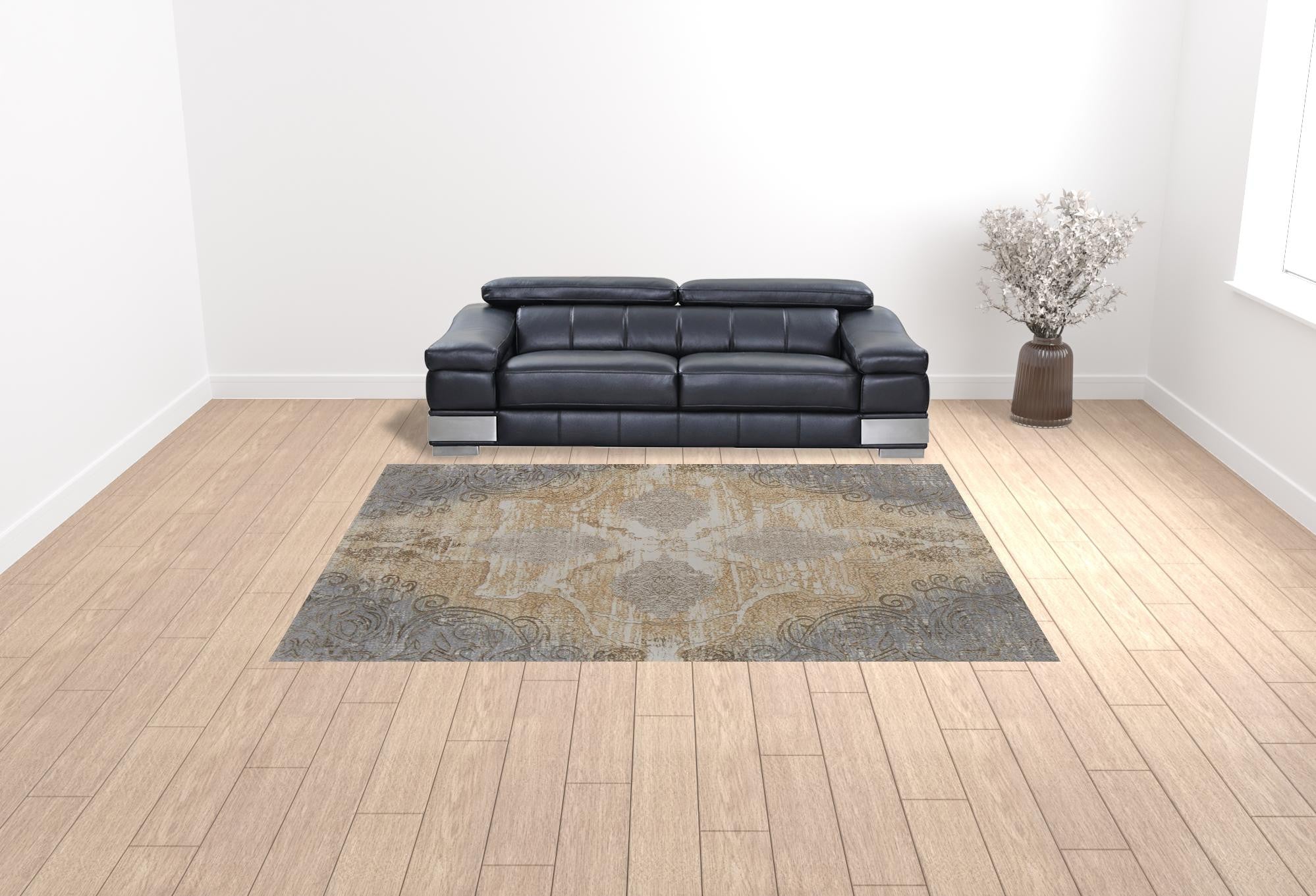 Silver Tan And Gray Floral Power Loom Area Rug - 4' x 6'