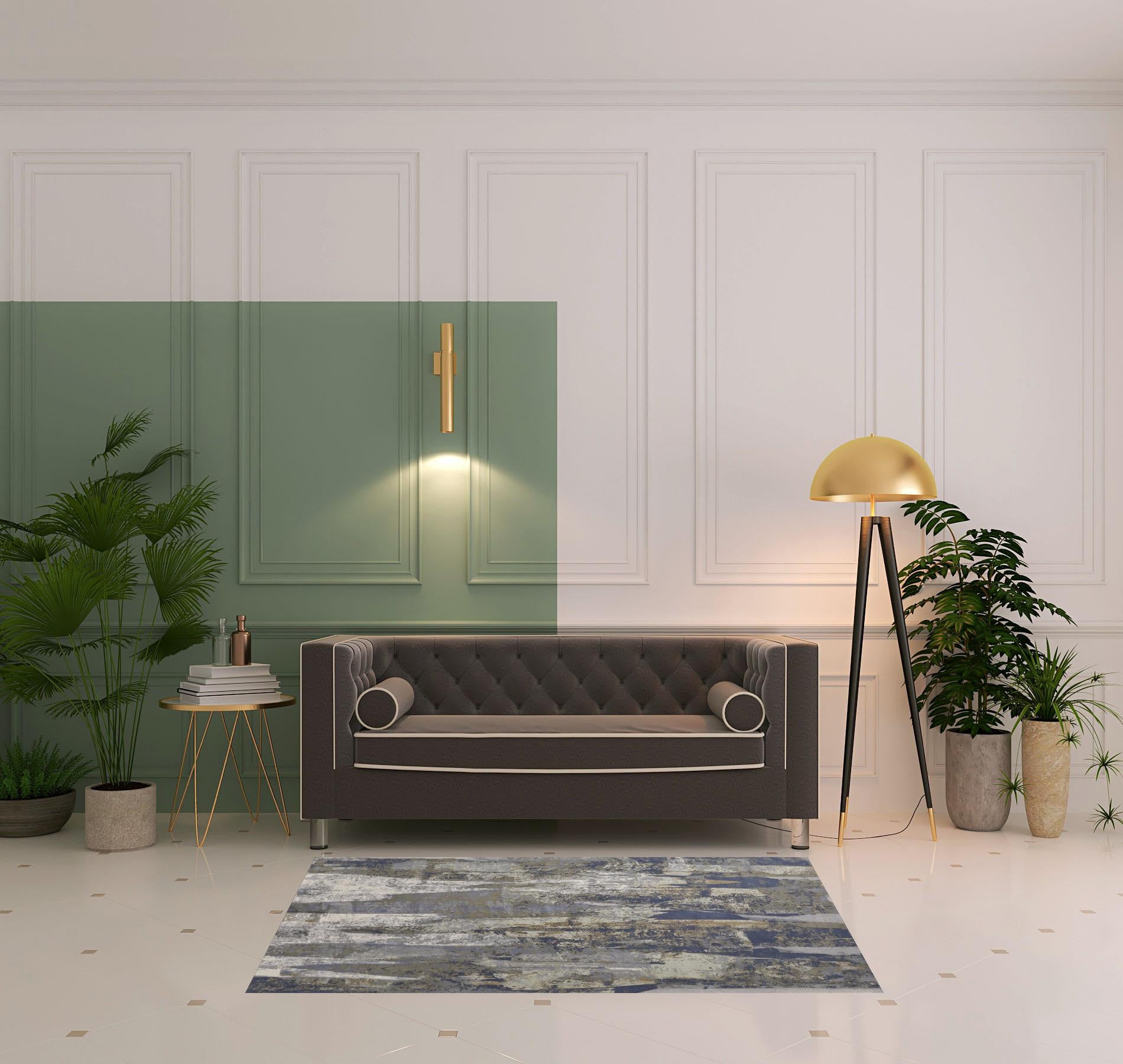 Blue Gray And Tan Abstract Power Loom Distressed Area Rug - 4' x 6'