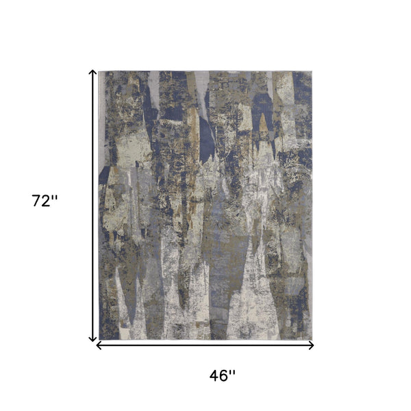 Blue Gray And Tan Abstract Power Loom Distressed Area Rug - 4' x 6'