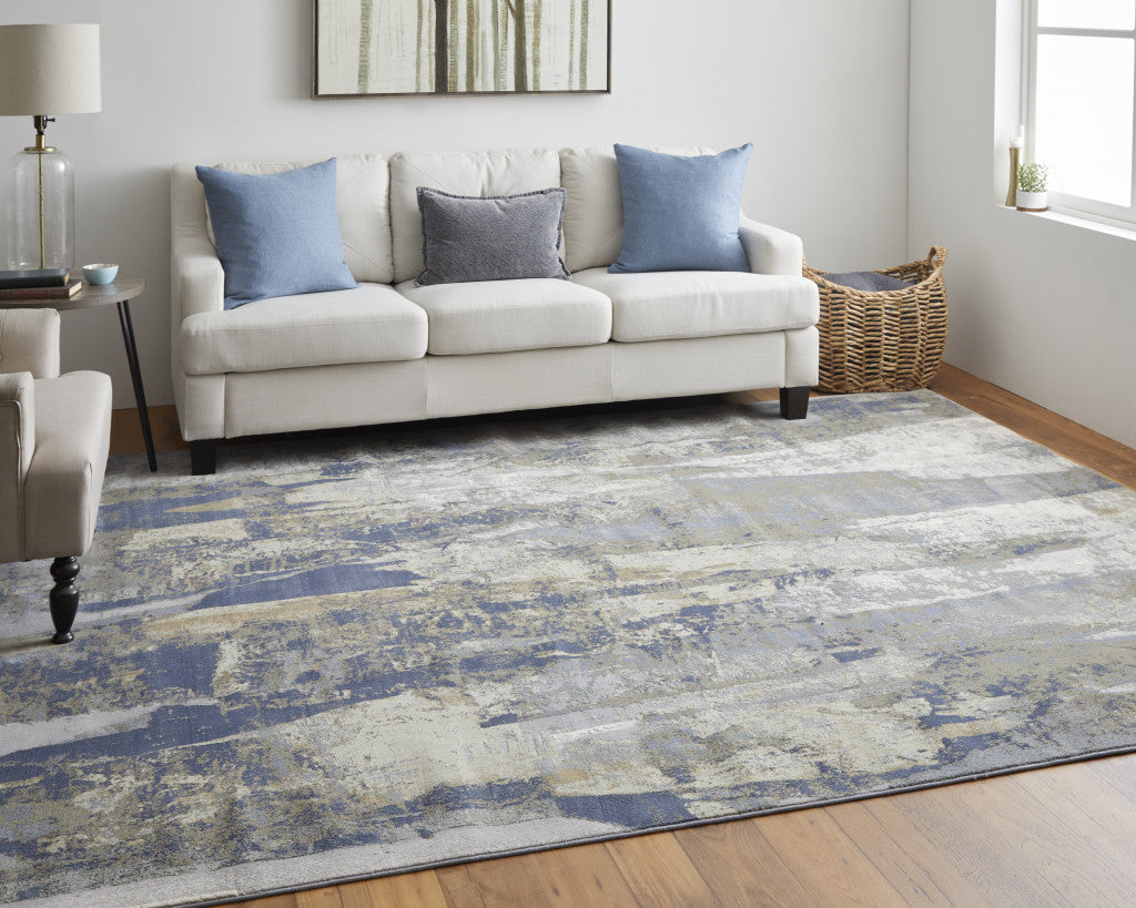Blue Gray And Tan Abstract Power Loom Distressed Area Rug - 4' x 6'