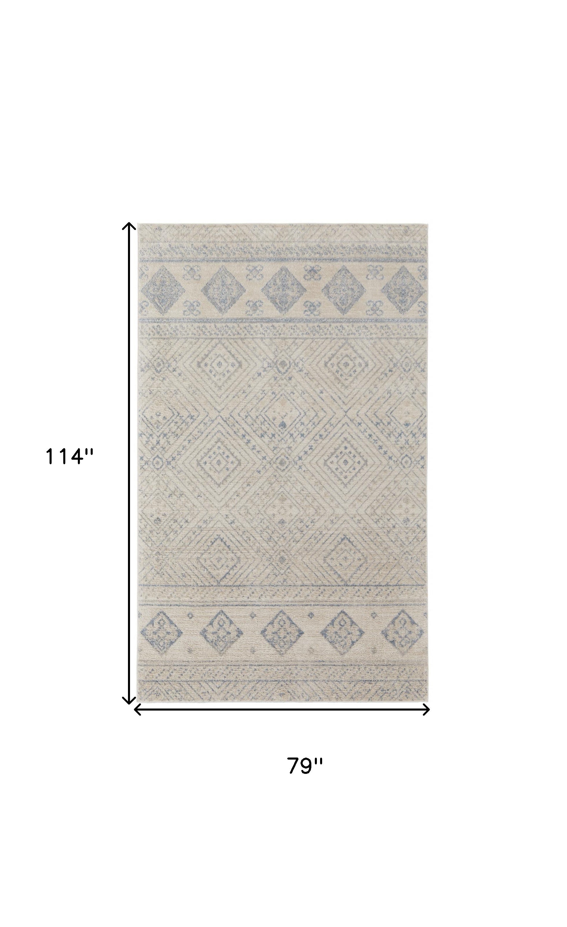 4' X 6' Ivory And Blue Geometric Power Loom Distressed Area Rug