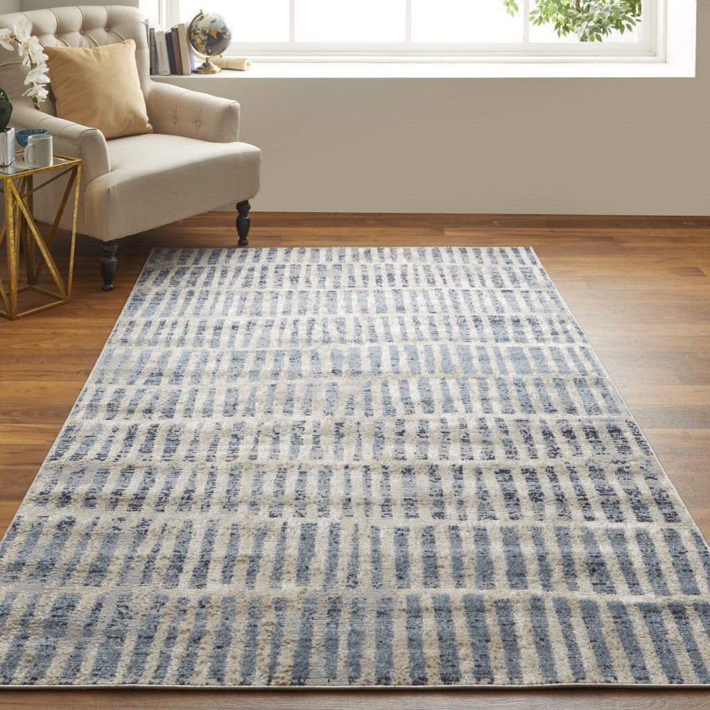 5' X 8' Blue And Ivory Geometric Power Loom Distressed Area Rug