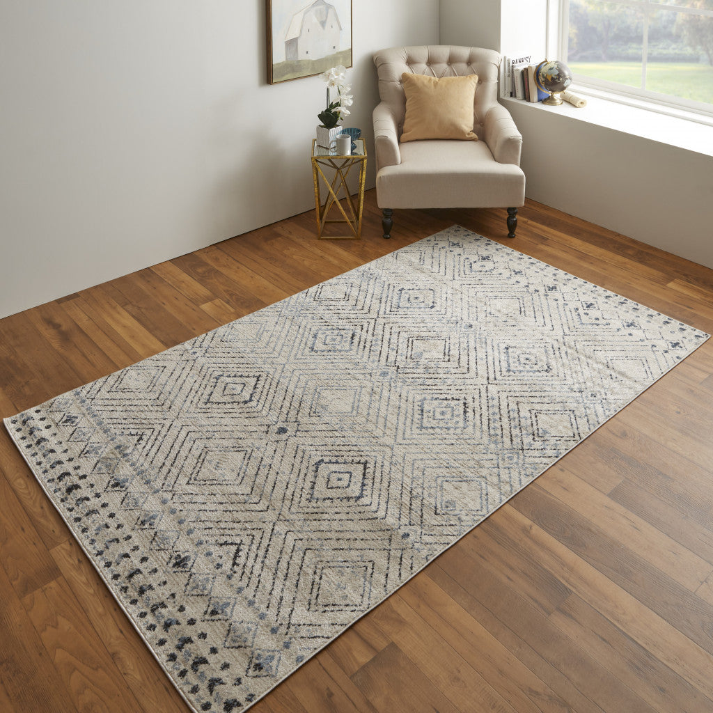 4' X 6' Ivory Blue And Gray Geometric Power Loom Distressed Area Rug