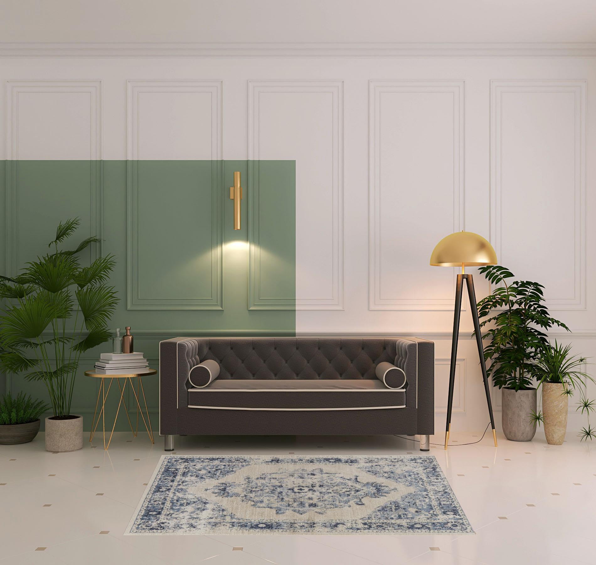 4' X 6' Ivory And Blue Floral Power Loom Distressed Area Rug