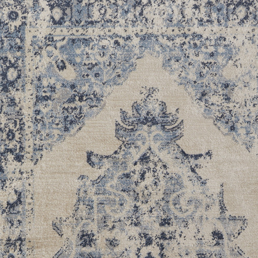 4' X 6' Ivory And Blue Floral Power Loom Distressed Area Rug