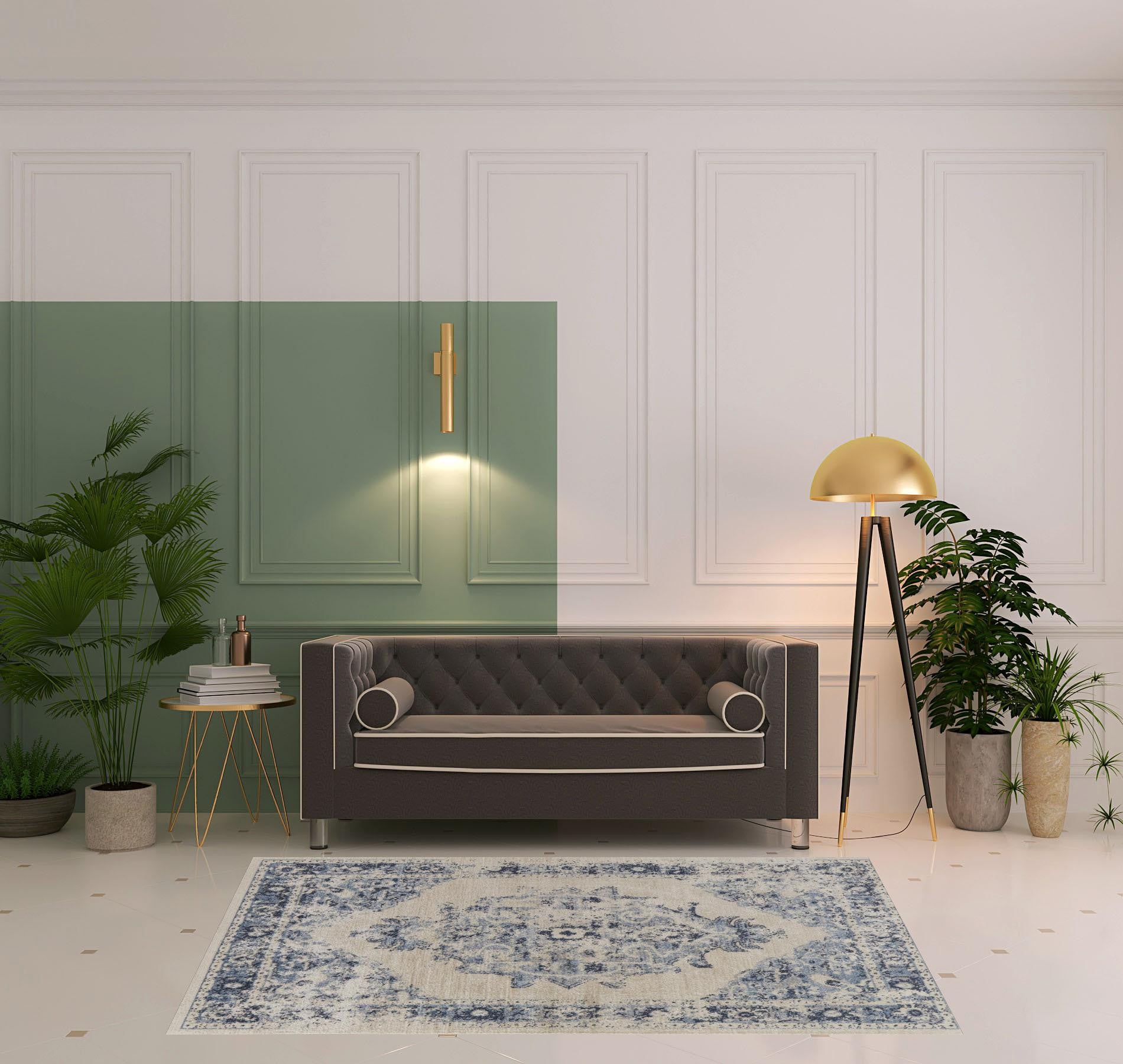 4' X 6' Ivory And Blue Floral Power Loom Distressed Area Rug