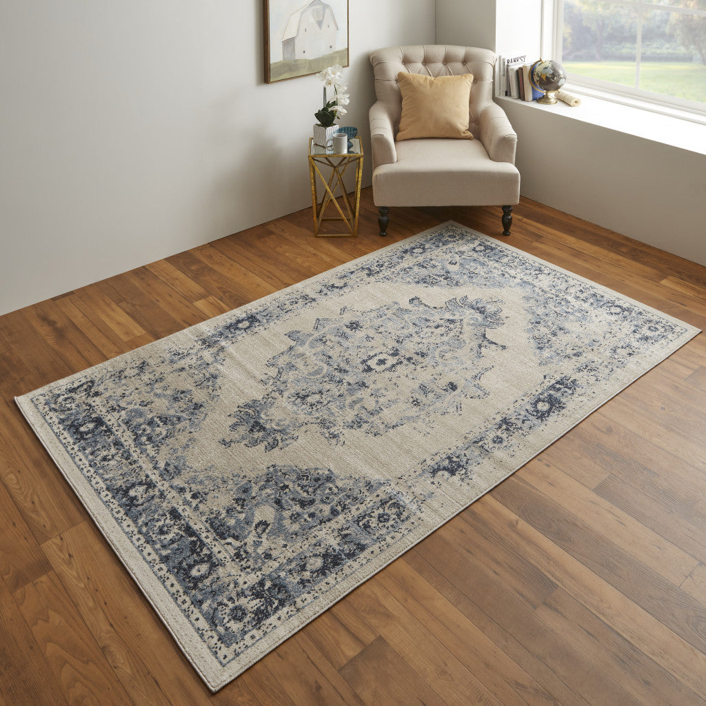 4' X 6' Ivory And Blue Floral Power Loom Distressed Area Rug