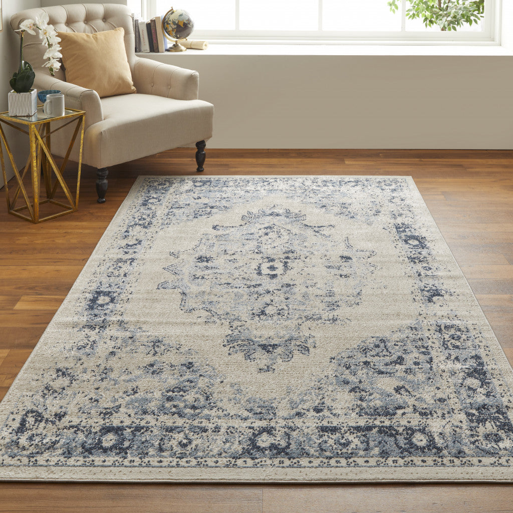 4' X 6' Ivory And Blue Floral Power Loom Distressed Area Rug