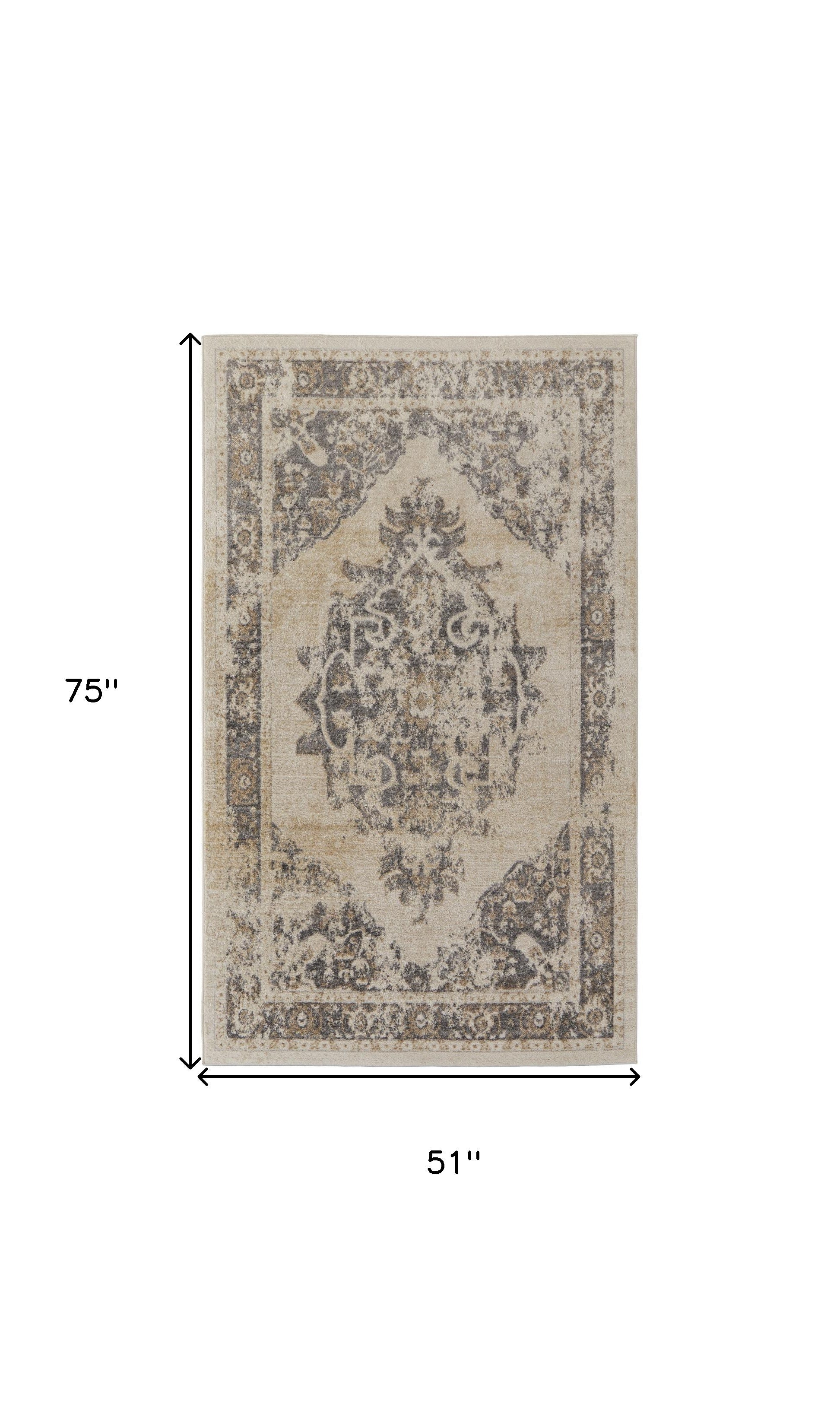 4' X 6' Ivory And Blue Floral Power Loom Distressed Area Rug