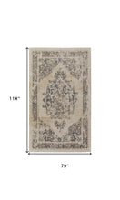 4' X 6' Ivory And Blue Floral Power Loom Distressed Area Rug