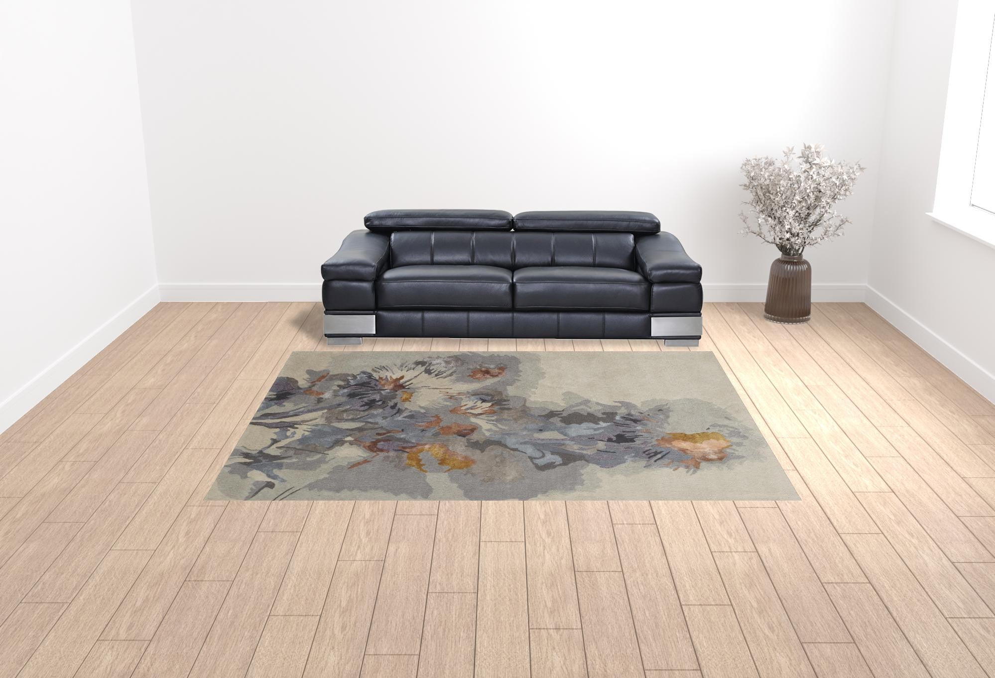 4' X 6' Gray Blue And Orange Wool Floral Tufted Handmade Area Rug