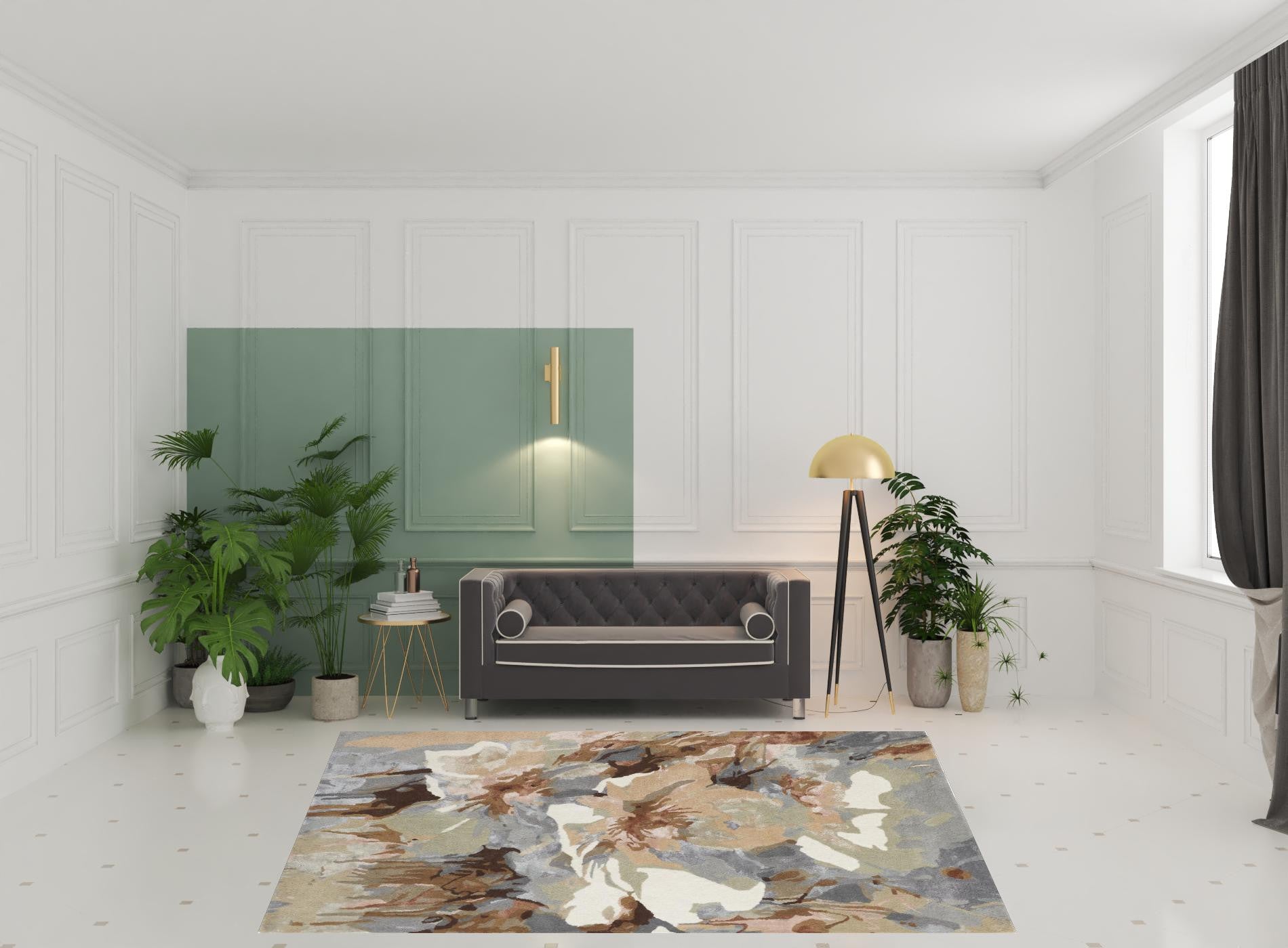 4' X 6' Tan Gray And Green Wool Floral Tufted Handmade Area Rug