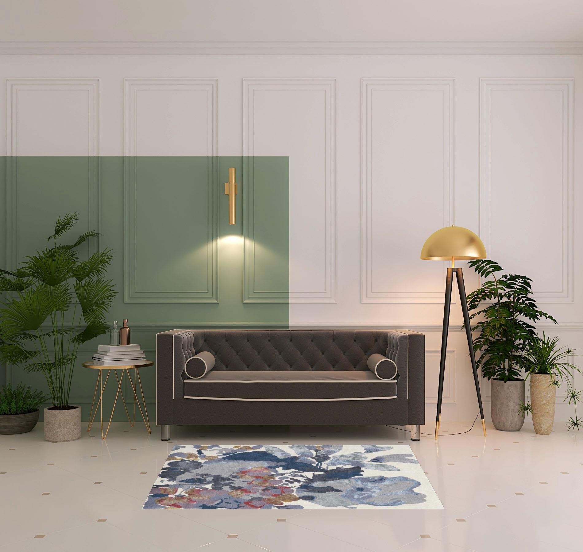 4' X 6' Blue Gray And Pink Wool Floral Tufted Handmade Area Rug