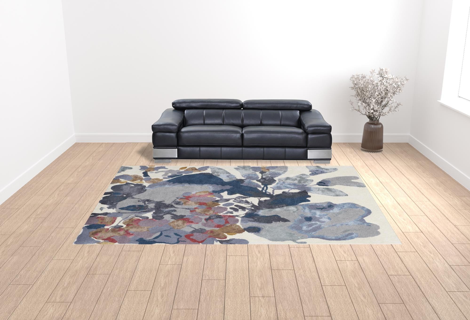 4' X 6' Blue Gray And Pink Wool Floral Tufted Handmade Area Rug