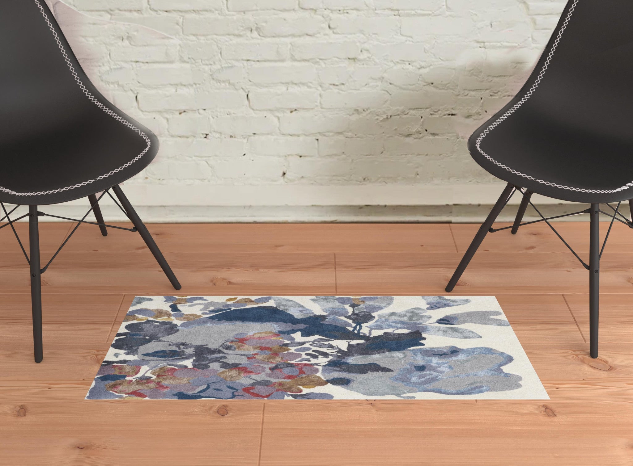 4' X 6' Blue Gray And Pink Wool Floral Tufted Handmade Area Rug