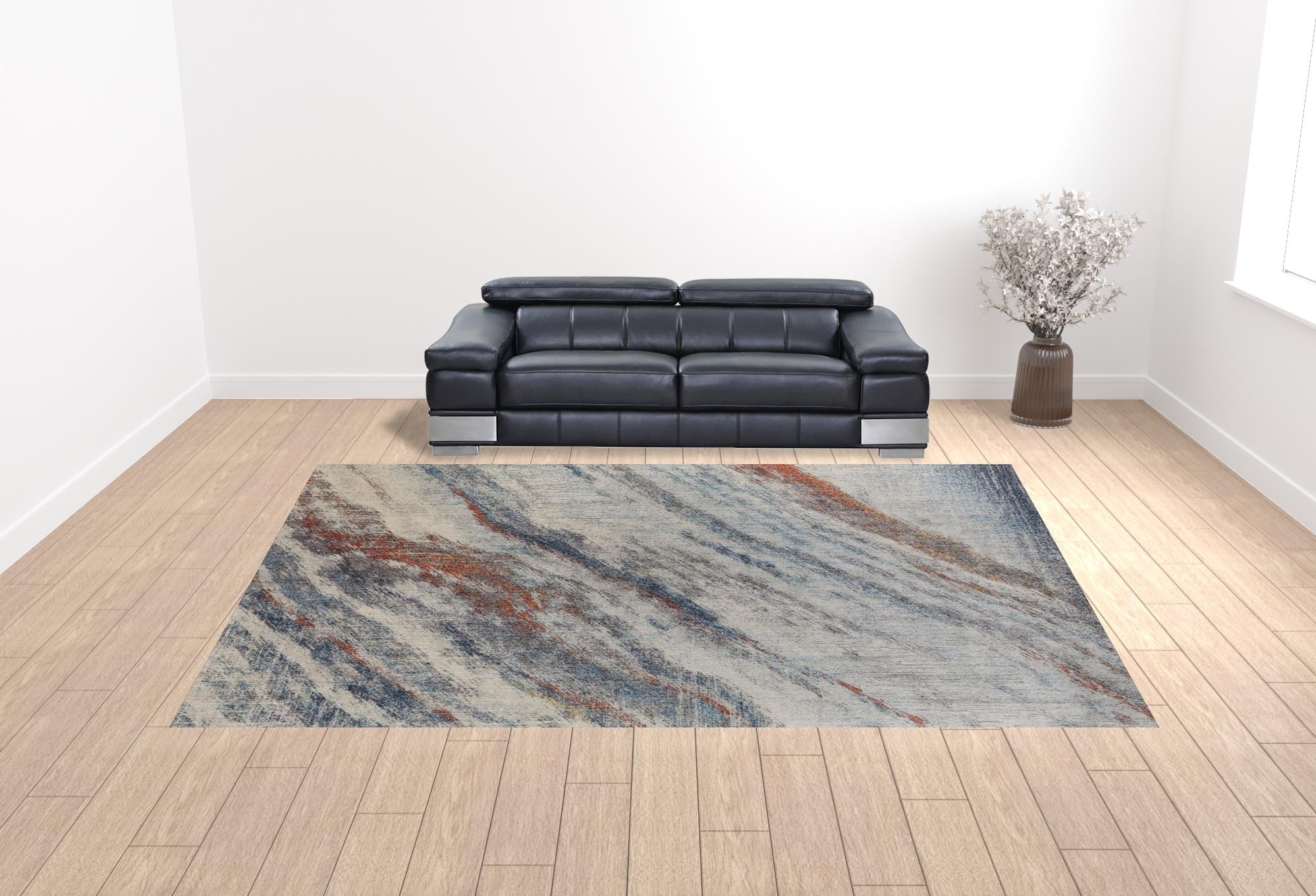 3' X 5' Ivory Orange And Blue Abstract Power Loom Stain Resistant Area Rug