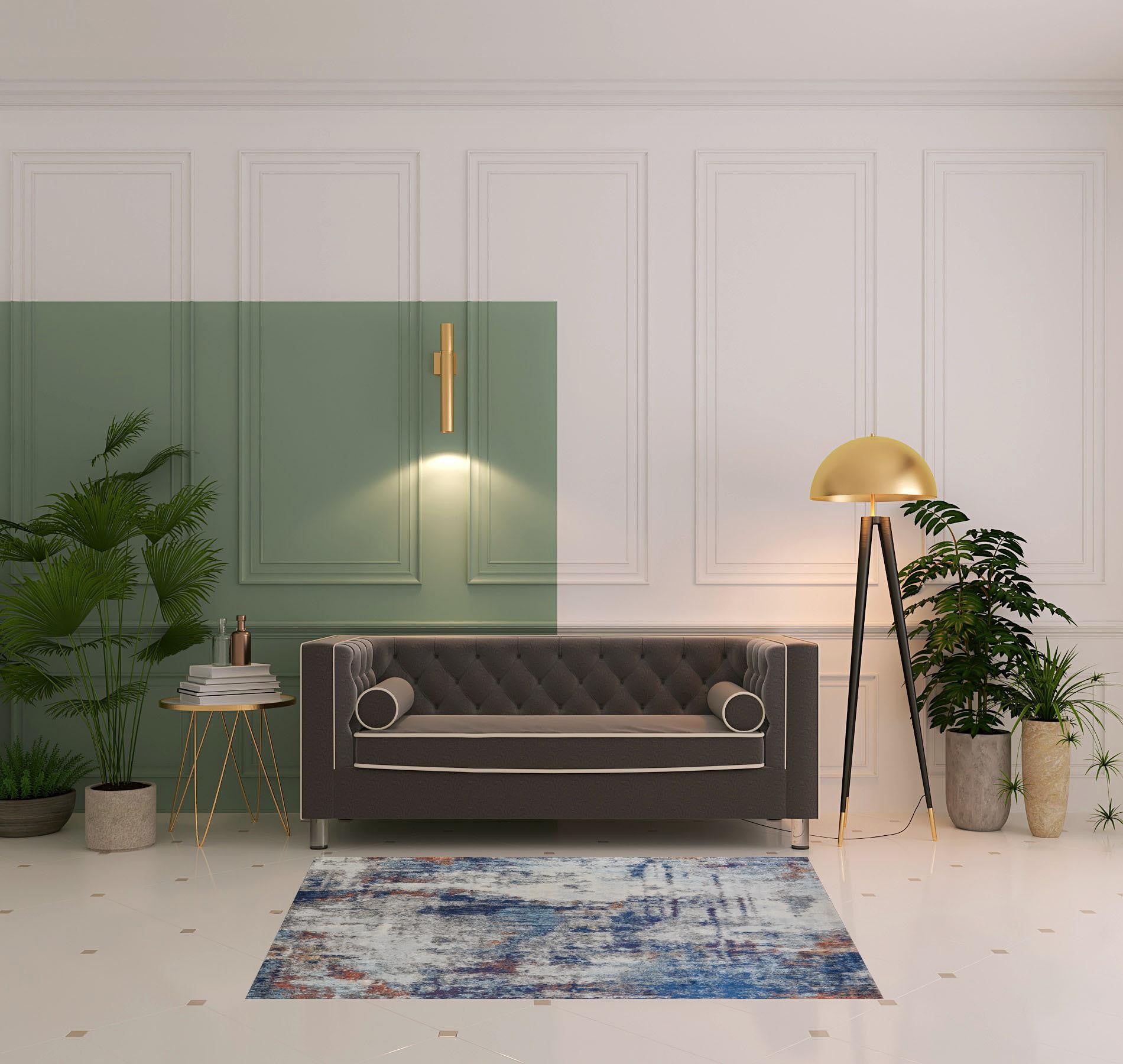 3' X 5' Ivory And Blue Abstract Power Loom Distressed Stain Resistant Area Rug