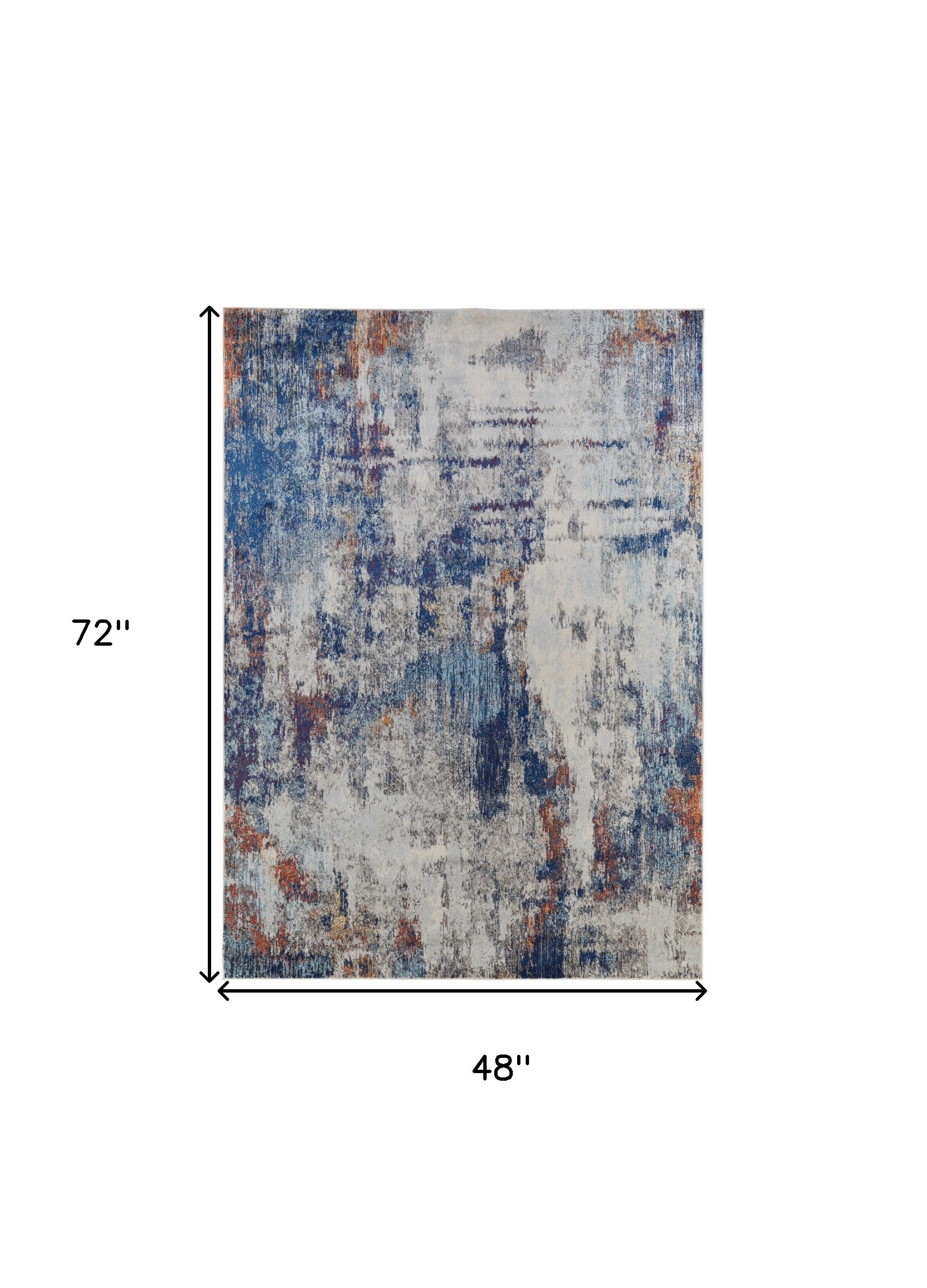 3' X 5' Ivory And Blue Abstract Power Loom Distressed Stain Resistant Area Rug
