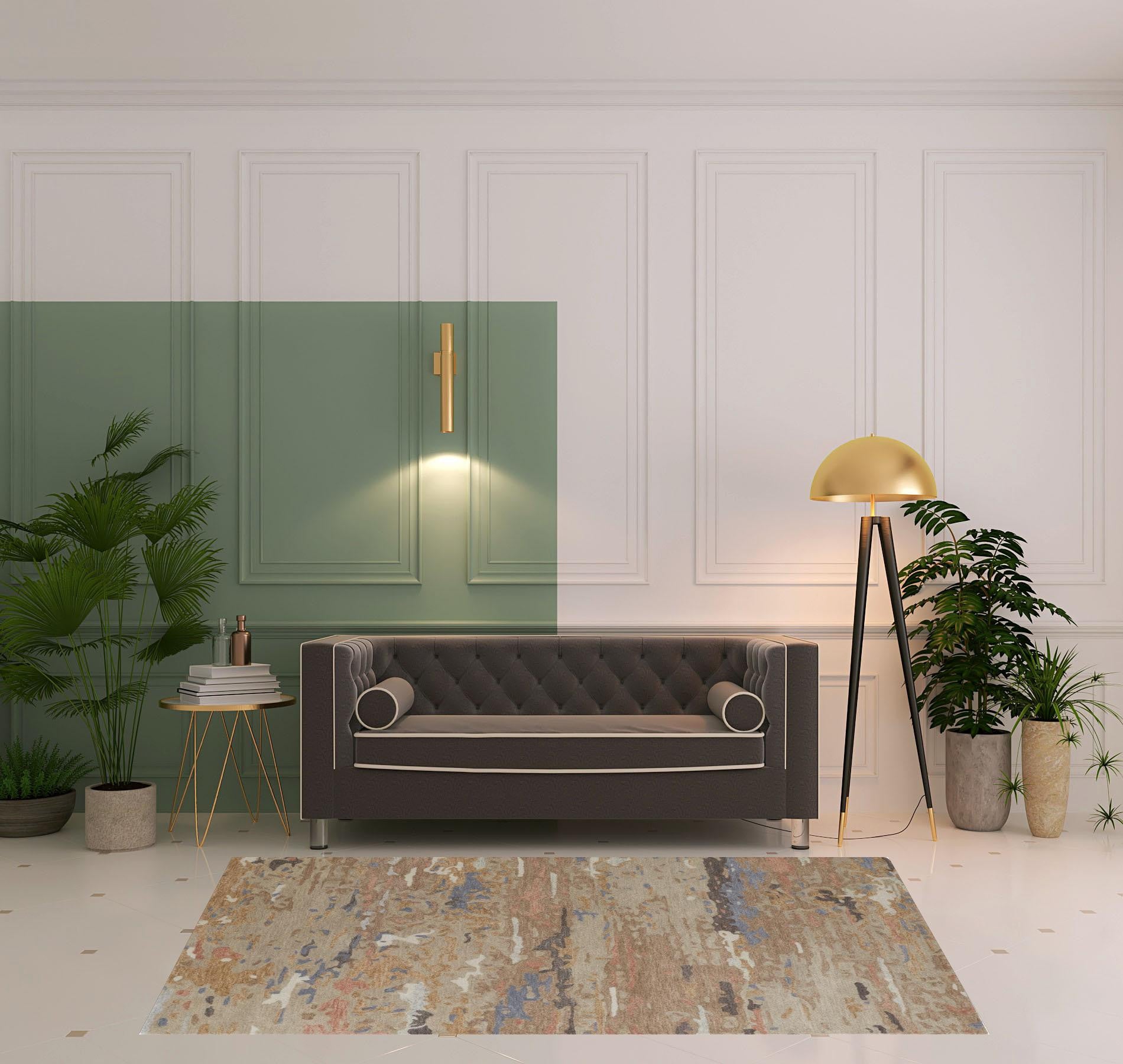 Tan And Blue Wool Abstract Tufted Handmade Stain Resistant Area Rug - 4' x 6'