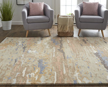 Tan And Blue Wool Abstract Tufted Handmade Stain Resistant Area Rug - 4' x 6'