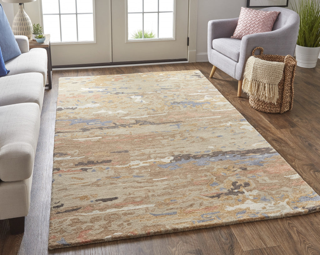 Tan And Blue Wool Abstract Tufted Handmade Stain Resistant Area Rug - 4' x 6'