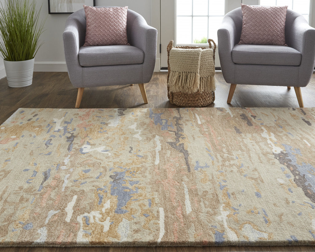 Tan And Blue Wool Abstract Tufted Handmade Stain Resistant Area Rug - 4' x 6'