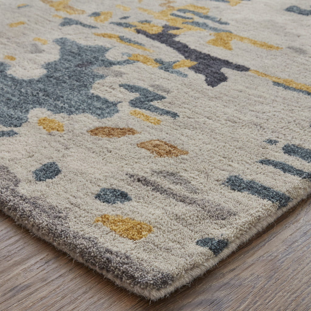 Tan And Blue Wool Abstract Tufted Handmade Stain Resistant Area Rug - 4' x 6'
