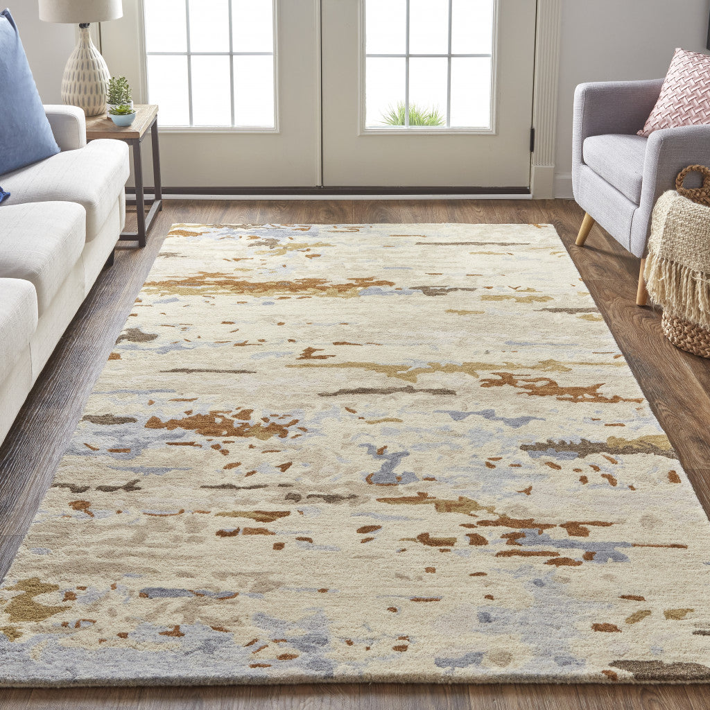 Tan And Blue Wool Abstract Tufted Handmade Stain Resistant Area Rug - 4' x 6'