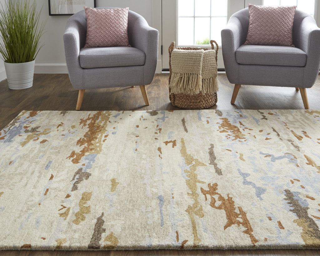 Tan And Blue Wool Abstract Tufted Handmade Stain Resistant Area Rug - 4' x 6'