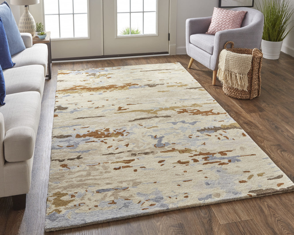 Tan And Blue Wool Abstract Tufted Handmade Stain Resistant Area Rug - 4' x 6'