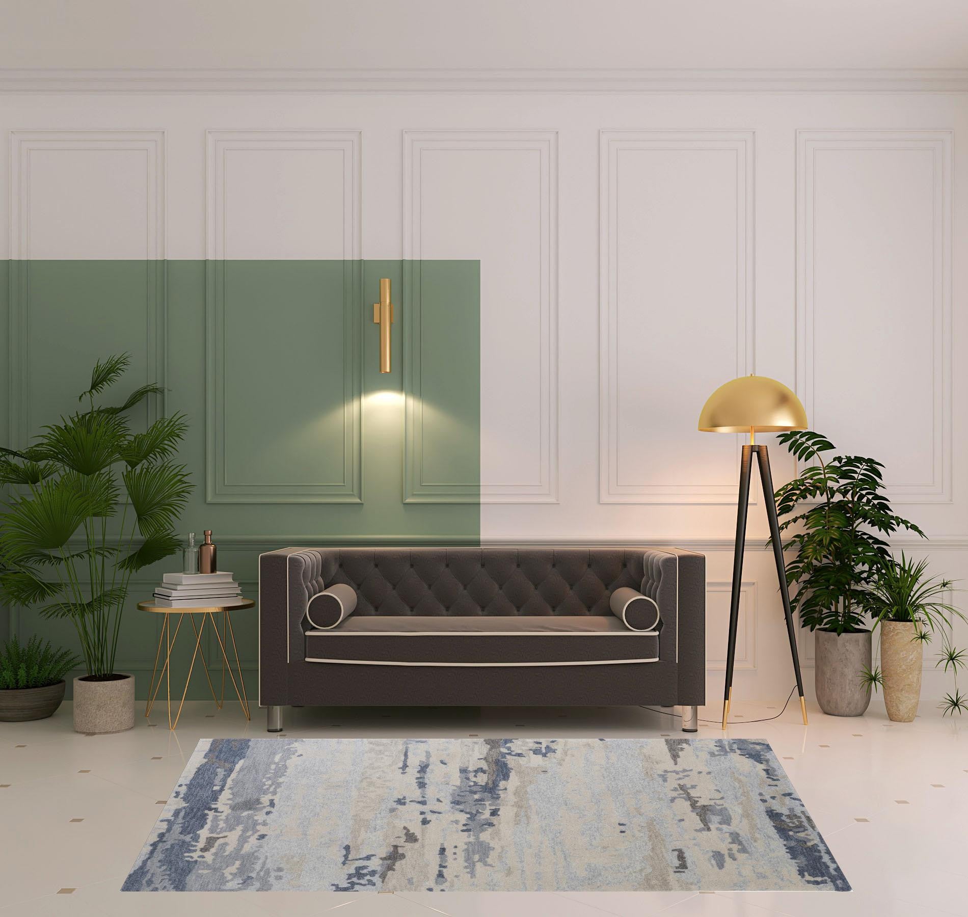 Blue Gray And Ivory Wool Abstract Tufted Handmade Stain Resistant Area Rug - 4' x 6'