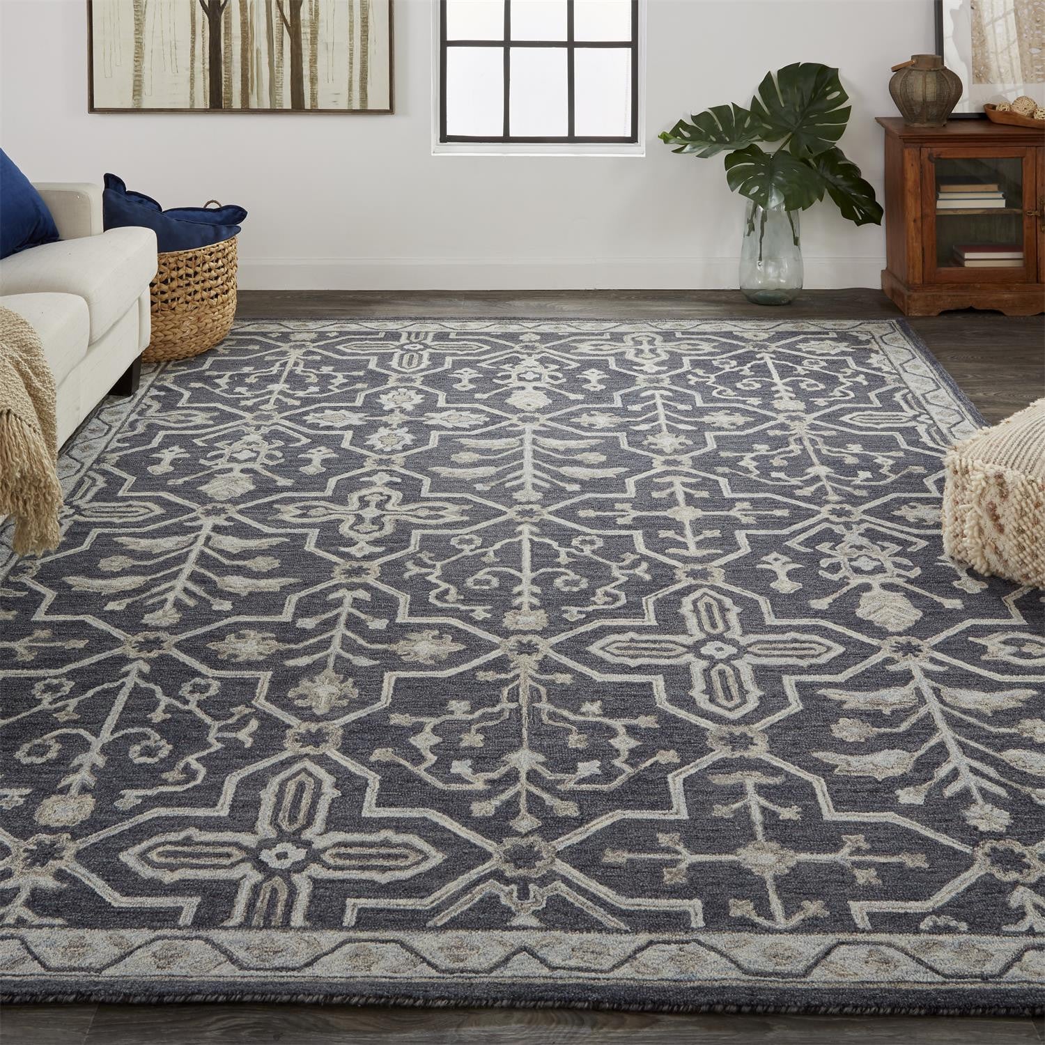 4' X 6' Blue And Gray Wool Floral Tufted Handmade Stain Resistant Area Rug