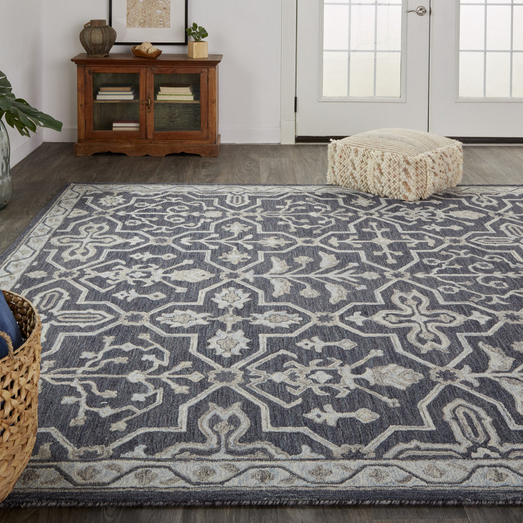 4' X 6' Blue And Gray Wool Floral Tufted Handmade Stain Resistant Area Rug