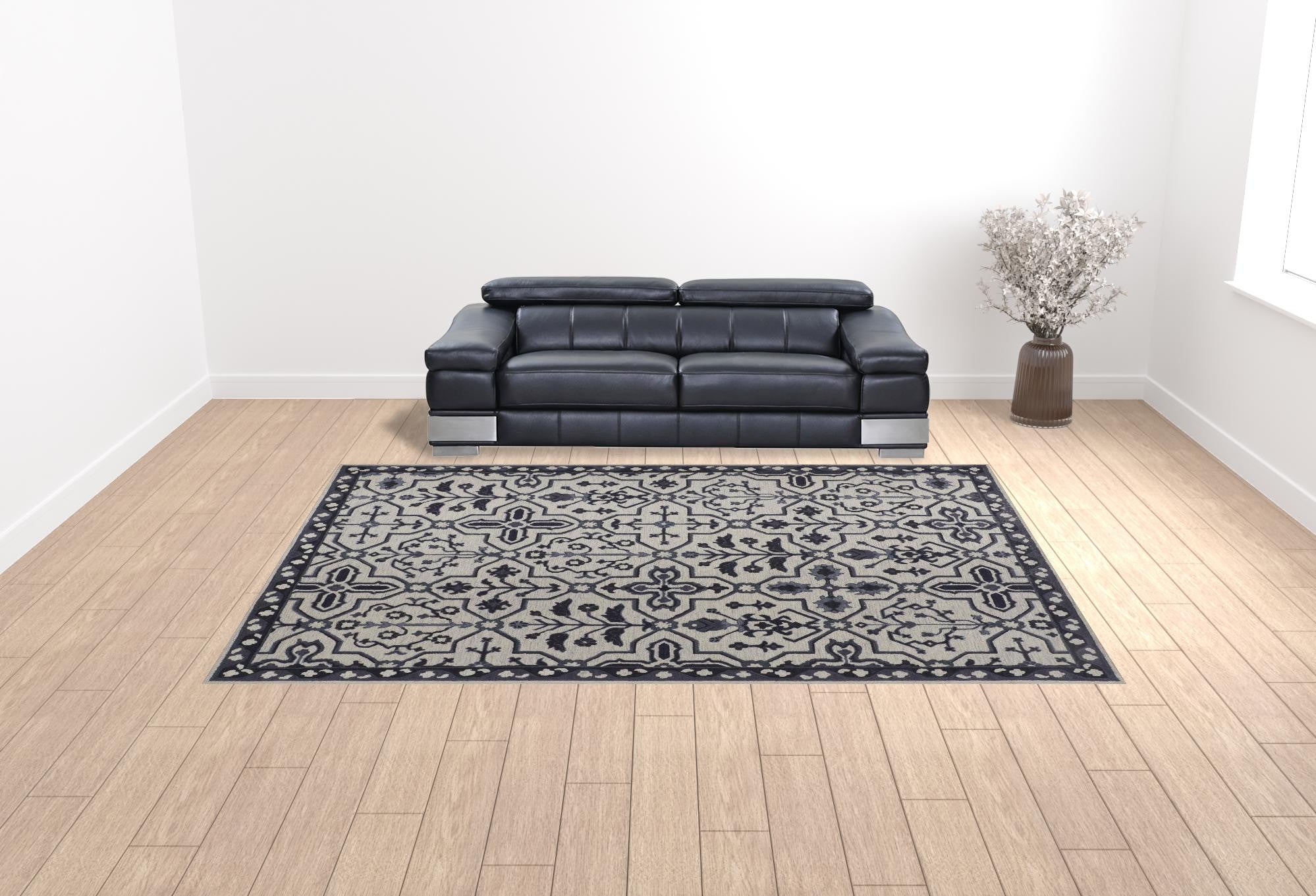 4' X 6' Blue And Gray Wool Floral Tufted Handmade Stain Resistant Area Rug