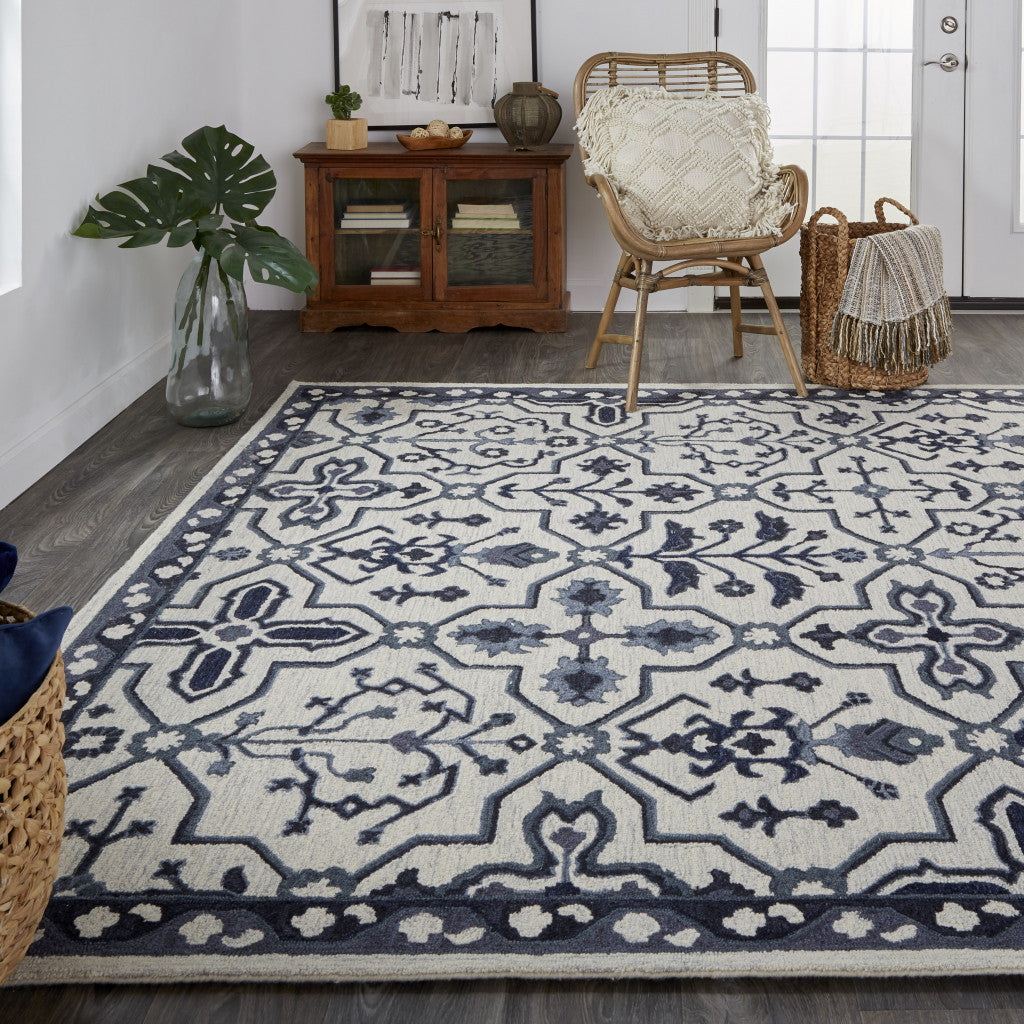 4' X 6' Blue And Gray Wool Floral Tufted Handmade Stain Resistant Area Rug