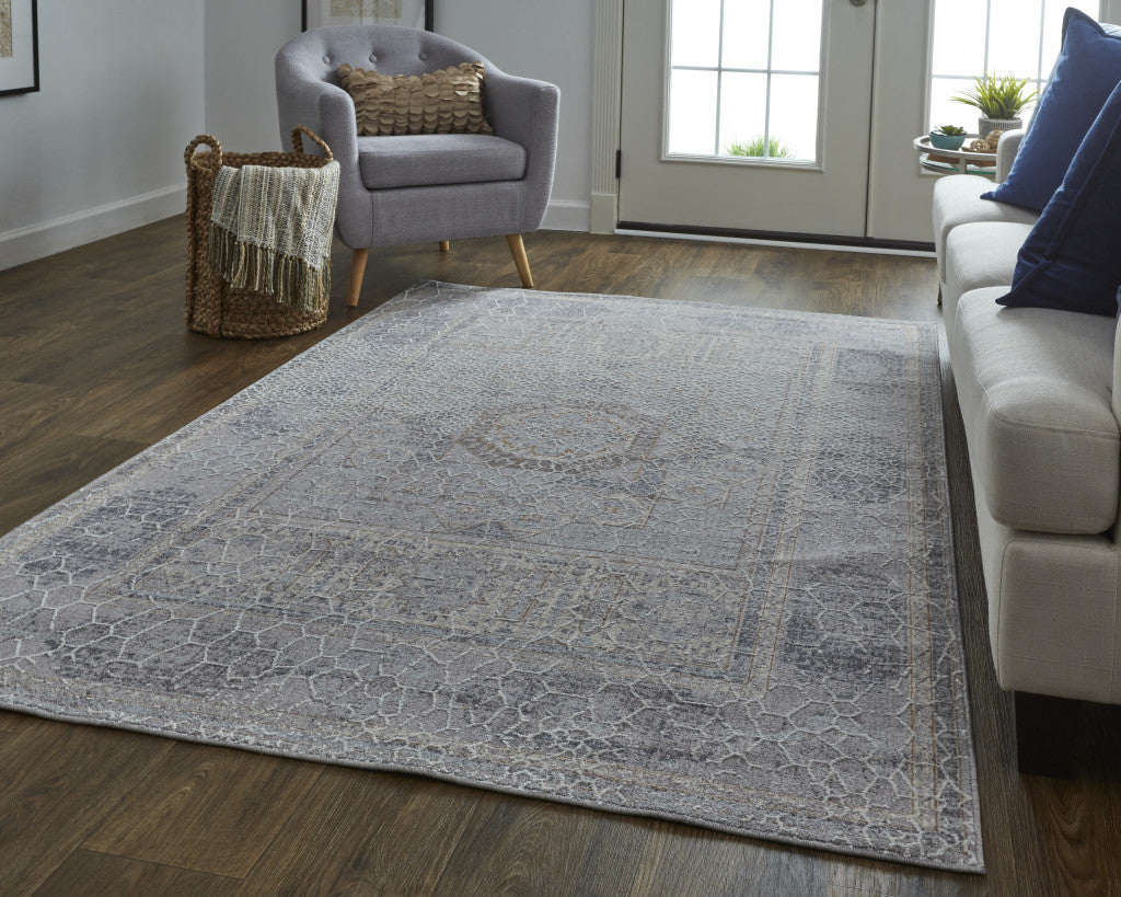 4' X 6' Gray And Ivory Floral Power Loom Distressed Stain Resistant Area Rug