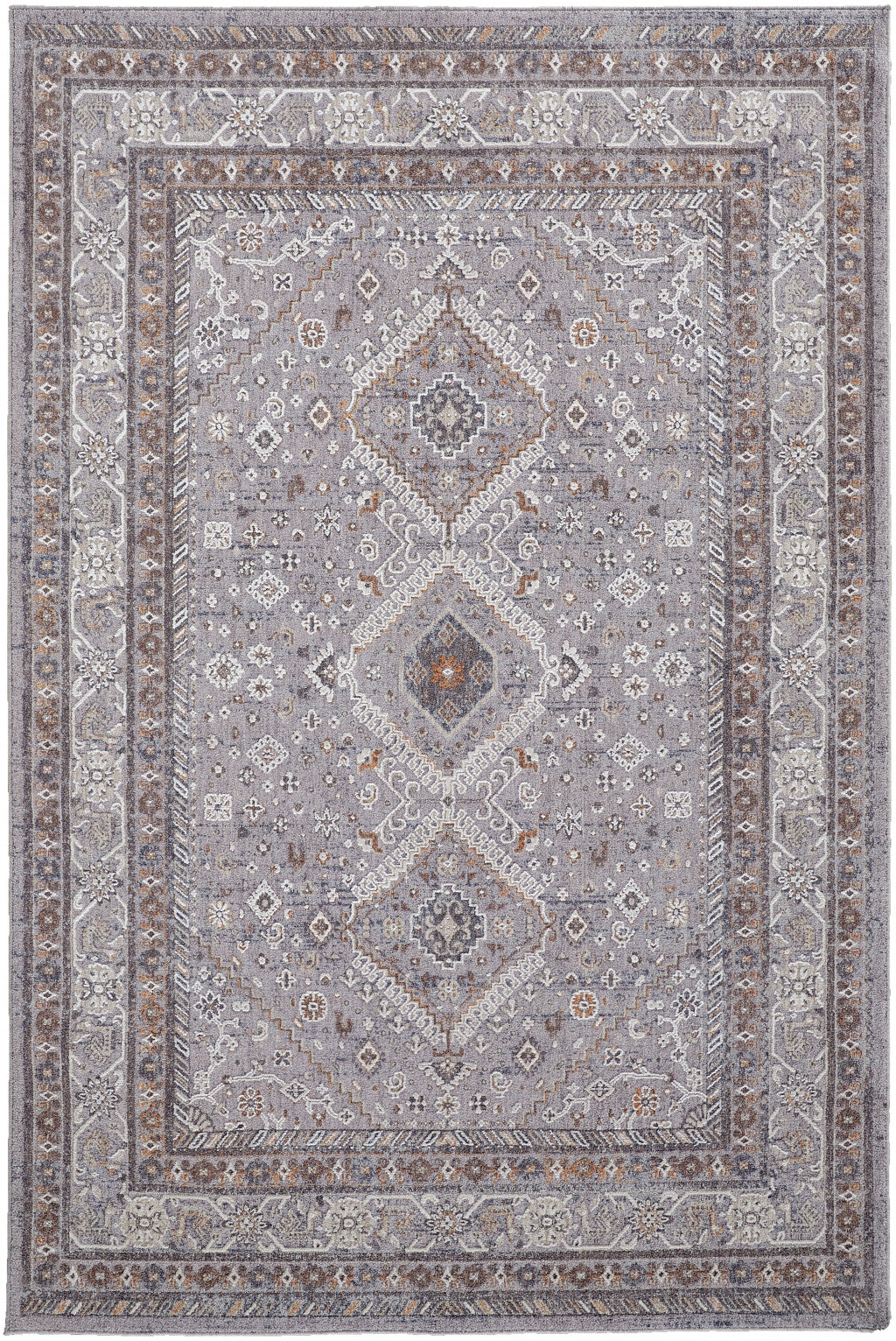 4' X 6' Gray Orange And Ivory Floral Power Loom Stain Resistant Area Rug