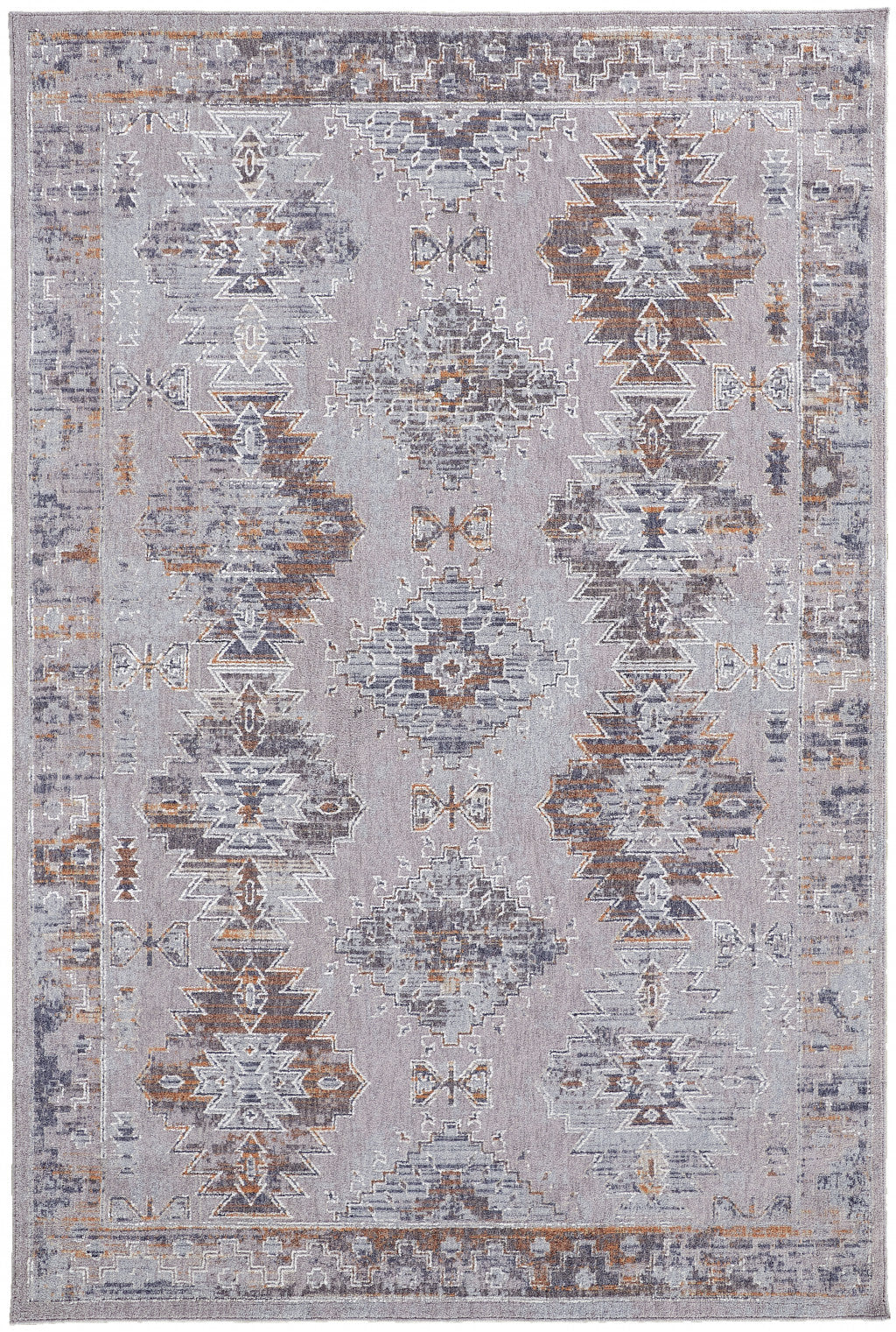 4' X 6' Gray Orange And Blue Geometric Power Loom Distressed Stain Resistant Area Rug