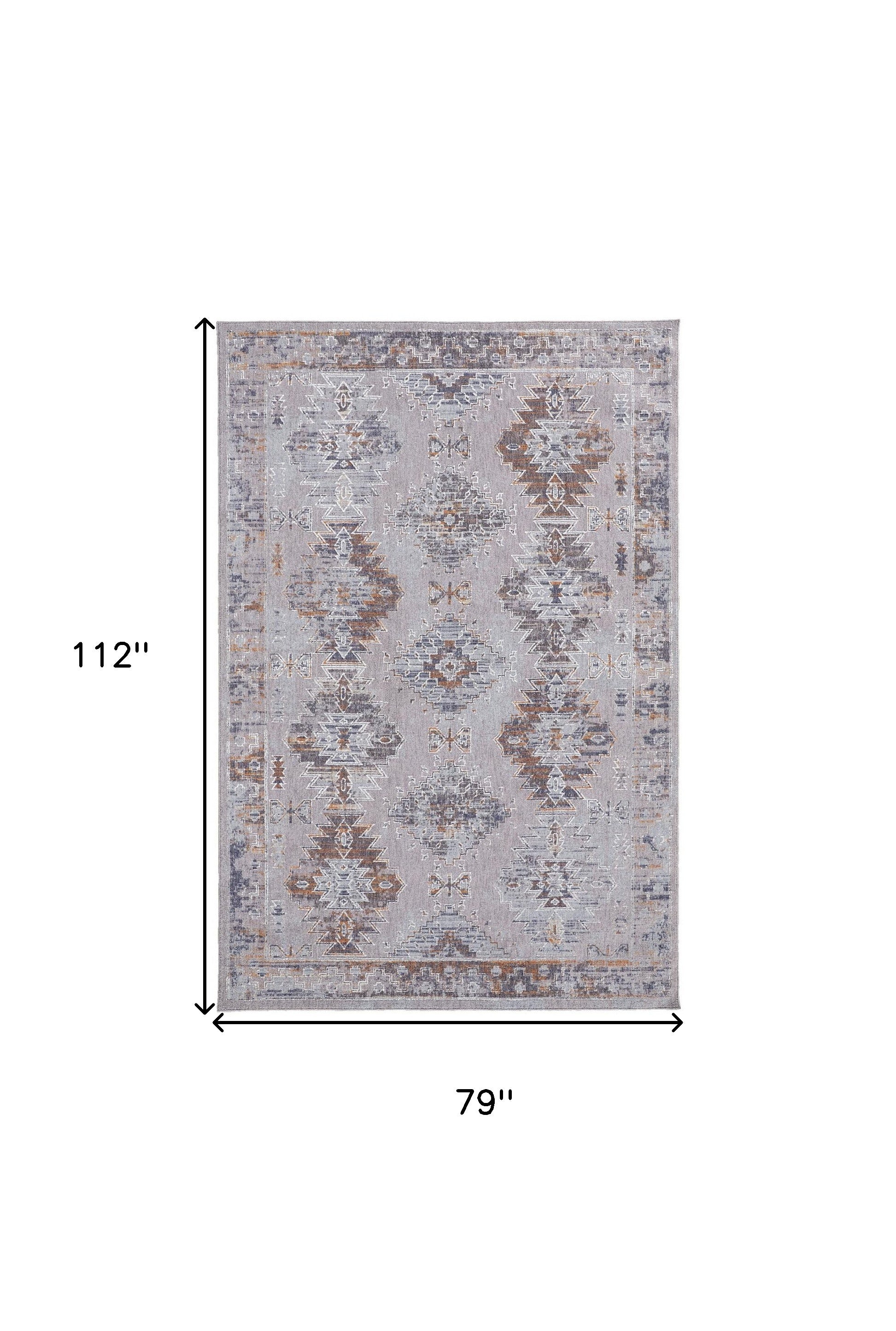 4' X 6' Gray Orange And Blue Geometric Power Loom Distressed Stain Resistant Area Rug