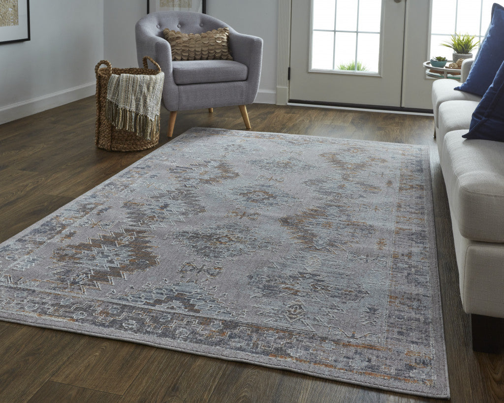 4' X 6' Gray Orange And Blue Geometric Power Loom Distressed Stain Resistant Area Rug