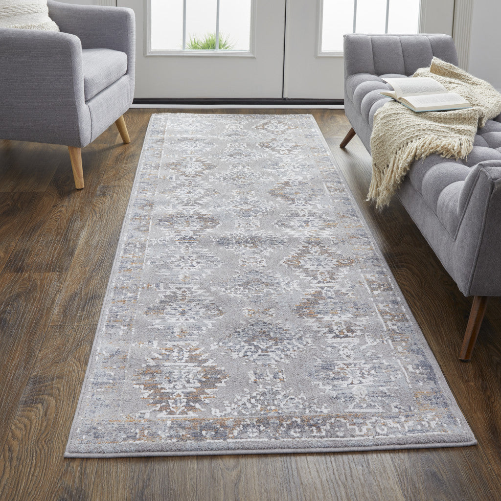 4' X 6' Gray Orange And Blue Geometric Power Loom Distressed Stain Resistant Area Rug