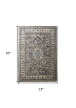 Taupe Gray And Blue Floral Stain Resistant Area Rug - 5' x 8'