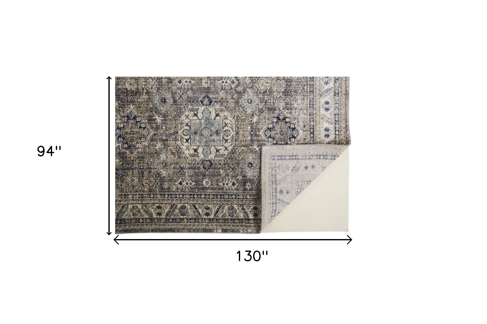 Taupe Gray And Blue Floral Stain Resistant Area Rug - 5' x 8'