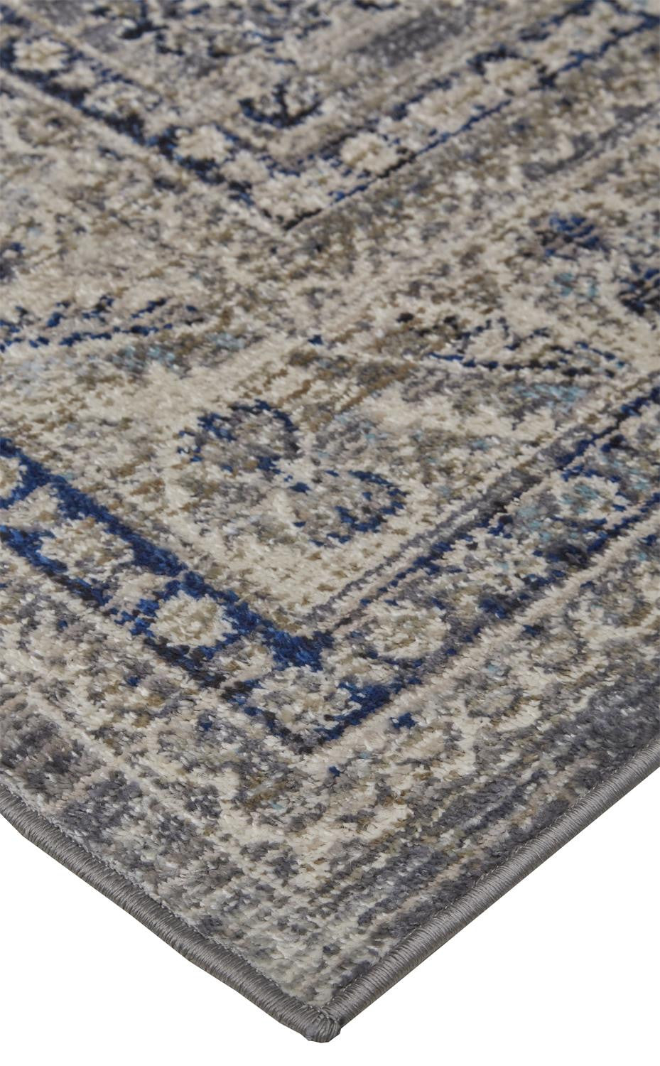Taupe Gray And Blue Floral Stain Resistant Area Rug - 5' x 8'