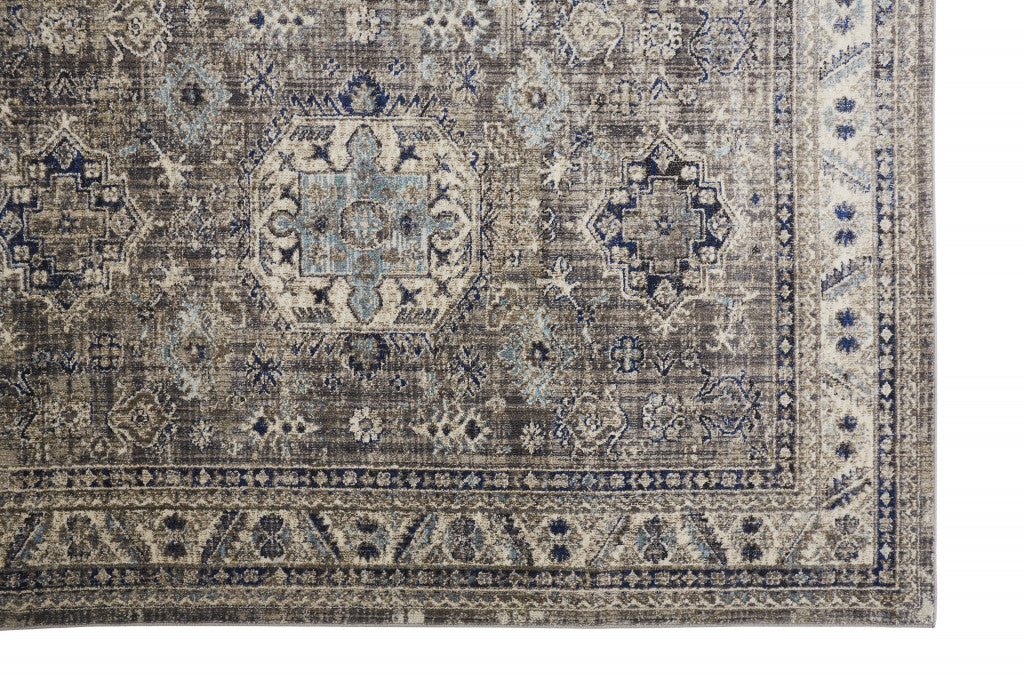 Taupe Gray And Blue Floral Stain Resistant Area Rug - 5' x 8'