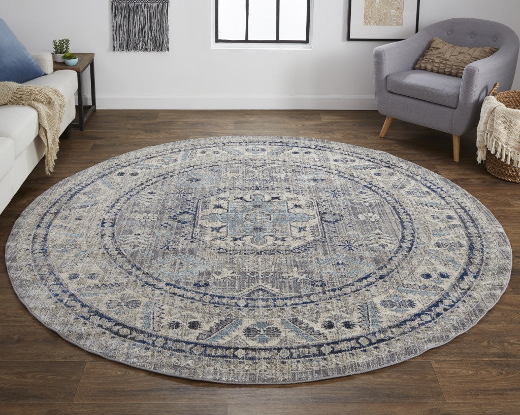 Taupe Gray And Blue Floral Stain Resistant Area Rug - 5' x 8'