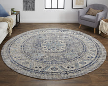 Taupe Gray And Blue Floral Stain Resistant Area Rug - 5' x 8'