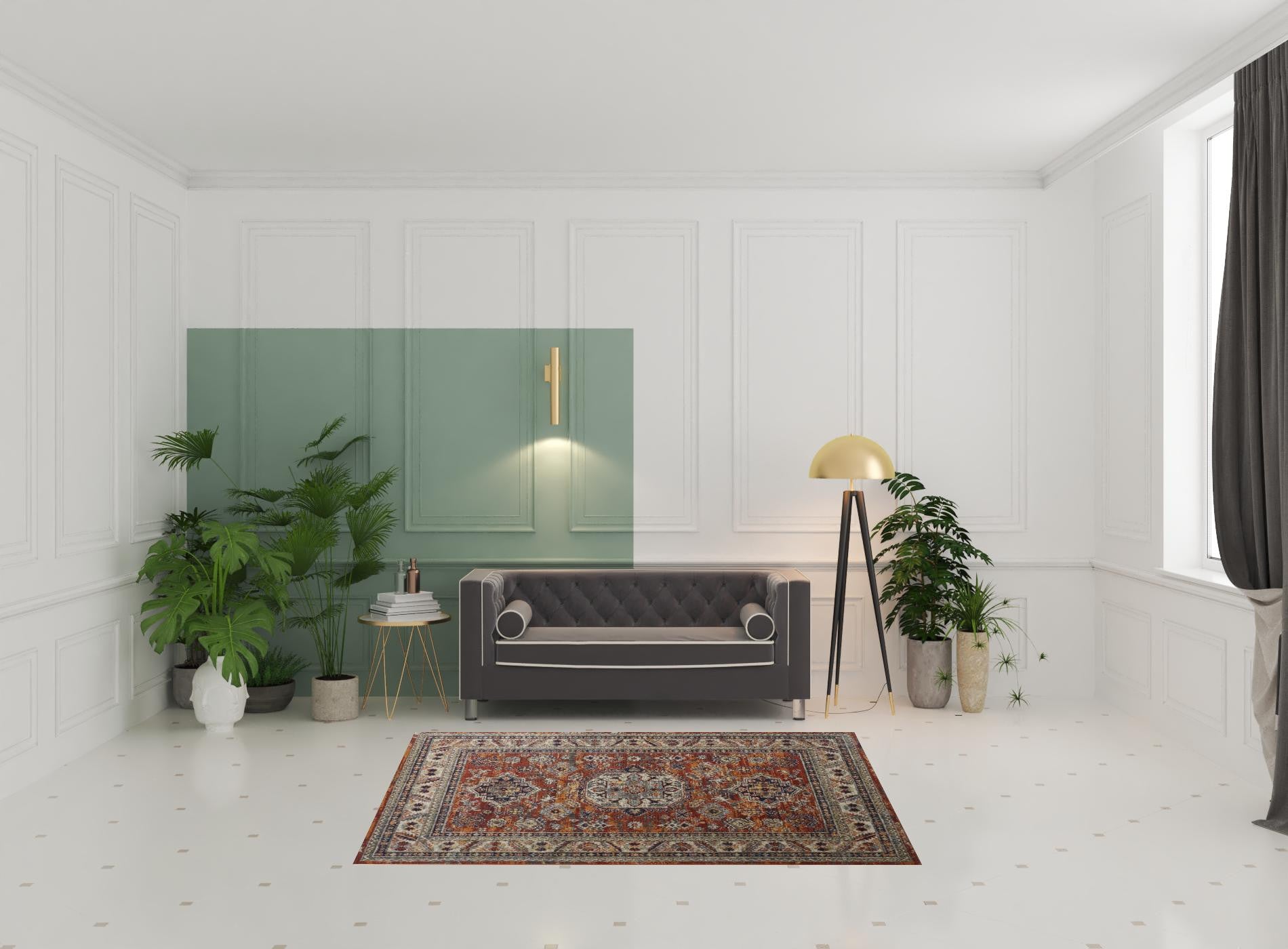 Taupe Gray And Blue Floral Stain Resistant Area Rug - 5' x 8'